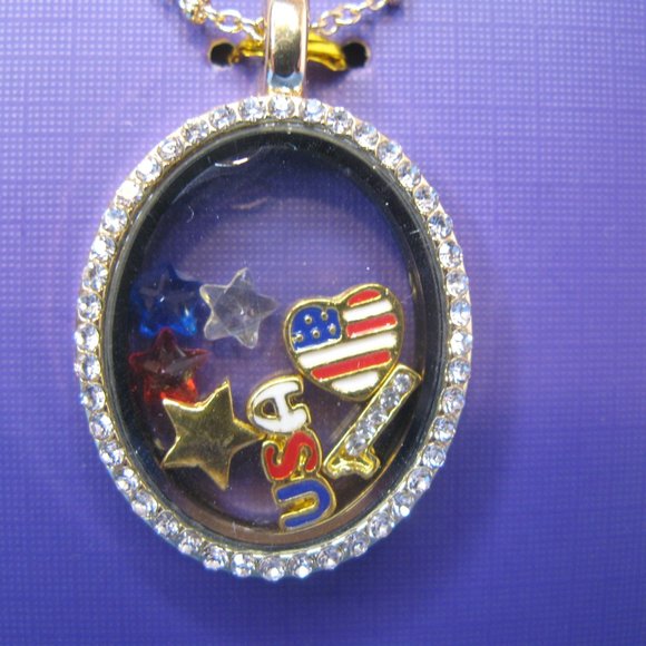 Emmeline Floating Charm Locket Pendant Necklace Patriotic 24" L - Picture 3 of 5
